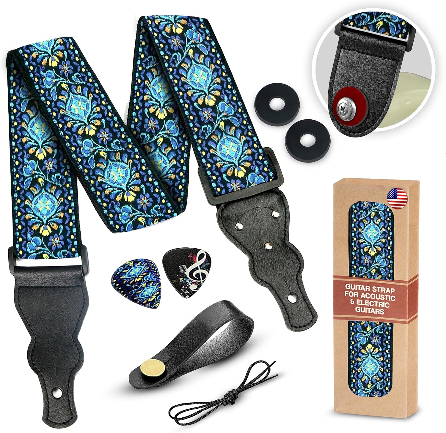 Art Tribute Guitar Strap For Acoustic, Electric and Bass Guitars, Adjustable Padded Leather Ends Guitar Straps For Men and Women, Includes 2 Picks, Strap Locks and Strap Button, Blue