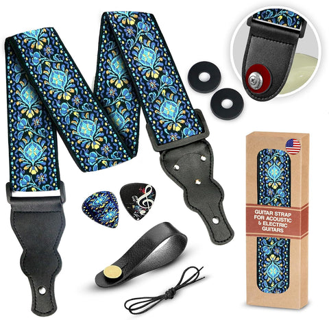 Art Tribute Guitar Strap For Acoustic, Electric and Bass Guitars, Adjustable Padded Leather Ends Guitar Straps For Men and Women, Includes 2 Picks, Strap Locks and Strap Button, Blue