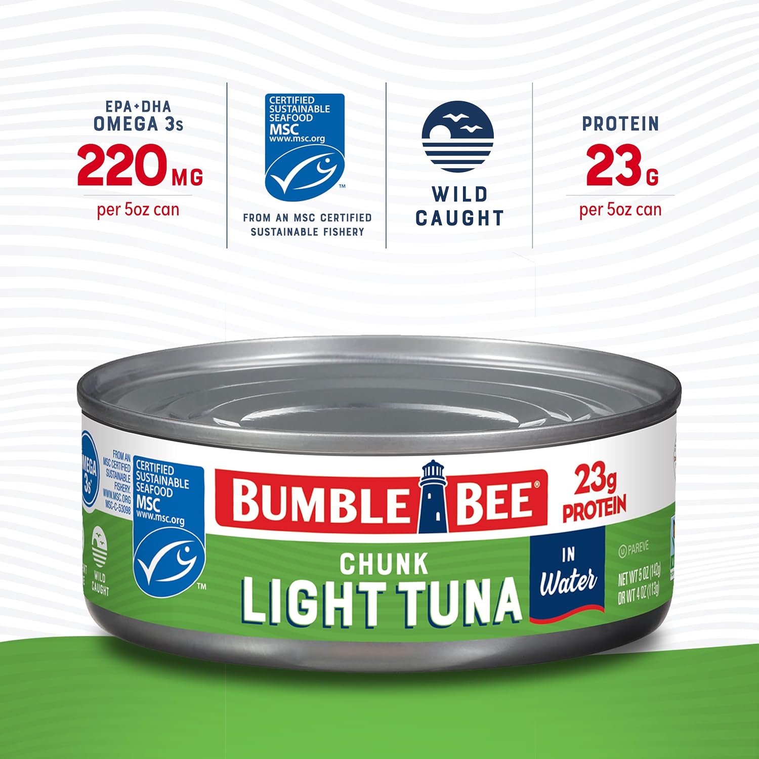 Bumble Bee Chunk Light Tuna in Water, 5 oz (Pack of 48) | Wild Caught Tuna, 23g Protein per Can, MSC Certified Sustainable Seafood, Non-GMO, Gluten Free, Kosher