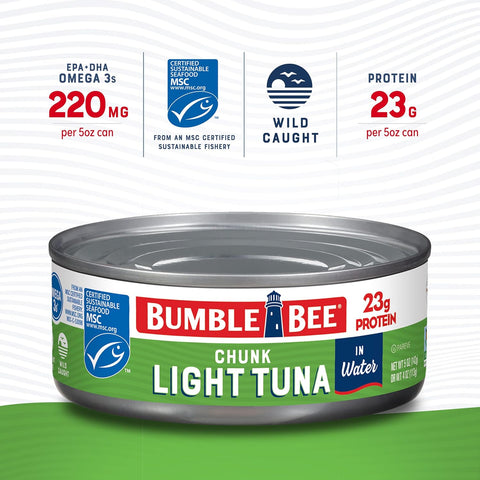 Bumble Bee Chunk Light Tuna in Water, 5 oz (Pack of 48) | Wild Caught Tuna, 23g Protein per Can, MSC Certified Sustainable Seafood, Non-GMO, Gluten Free, Kosher