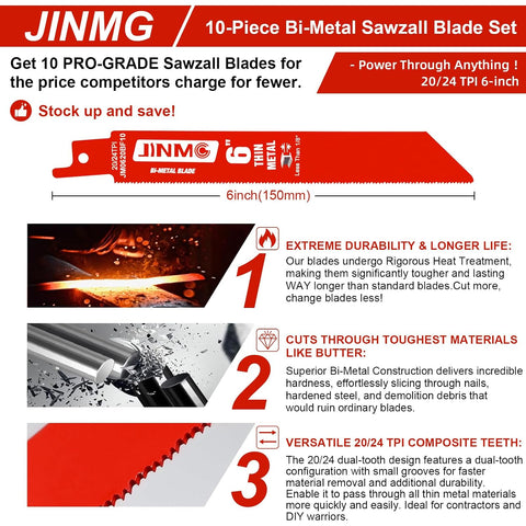 10 Pack 6 Inch 20/24TPI Reciprocating Saw Blades for Diablo Sawzall Blades