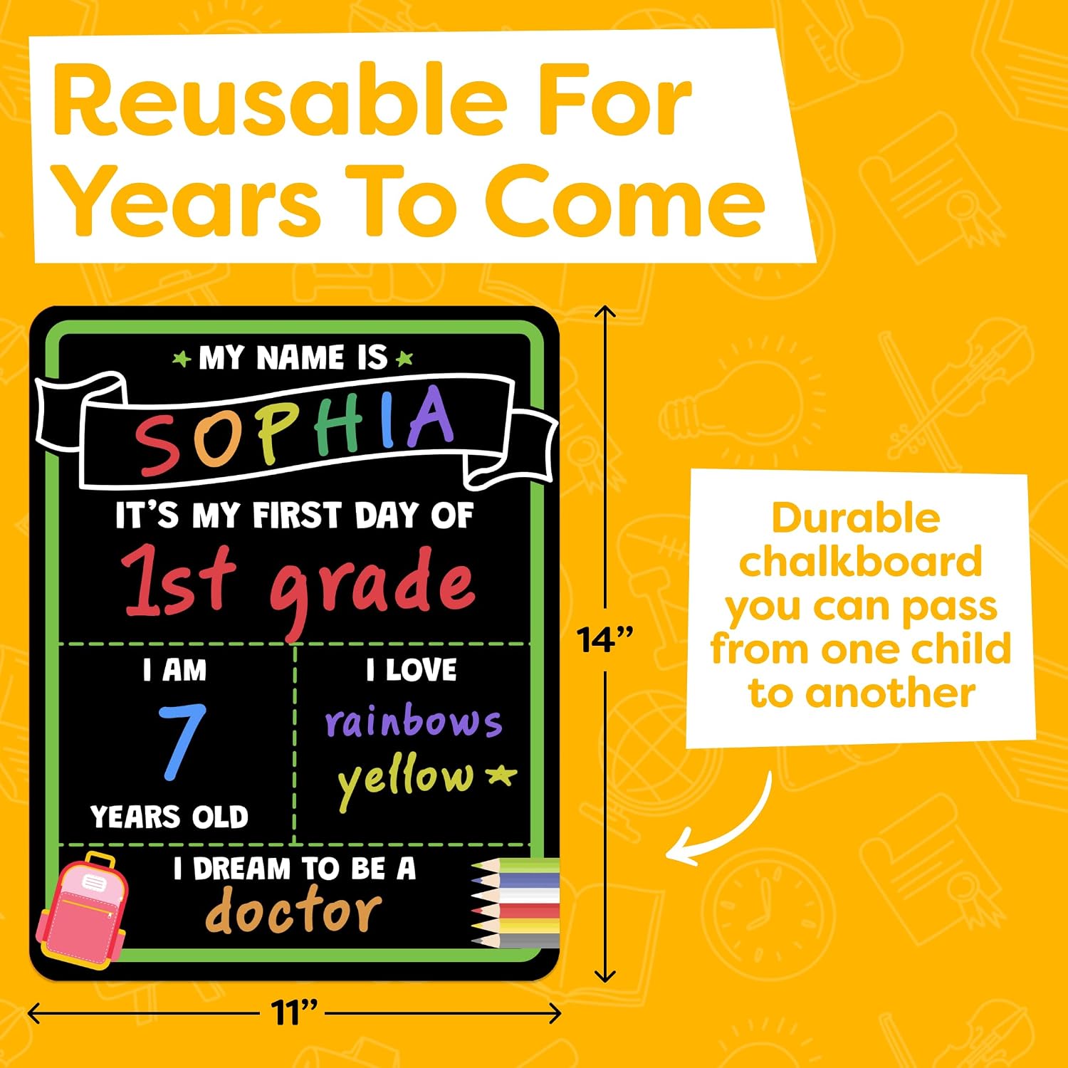 First Day of School Sign Board with Liquid Chalk Markers - 14”x11” Double-Sided & Reusable Board - My First and Last Day - Back to School Supplies - First Day of Kindergarten Preschool