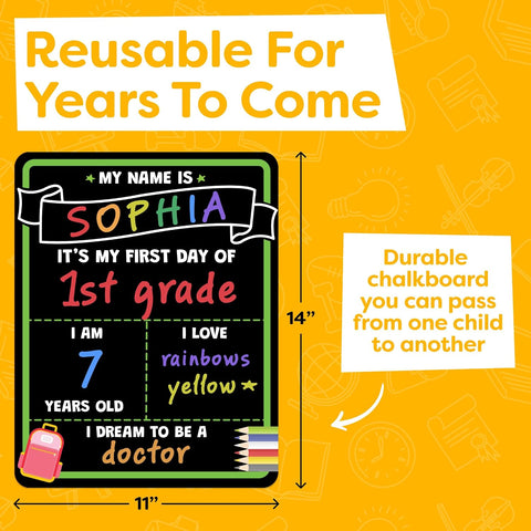 First Day of School Sign Board with Liquid Chalk Markers - 14”x11” Double-Sided & Reusable Board - My First and Last Day - Back to School Supplies - First Day of Kindergarten Preschool