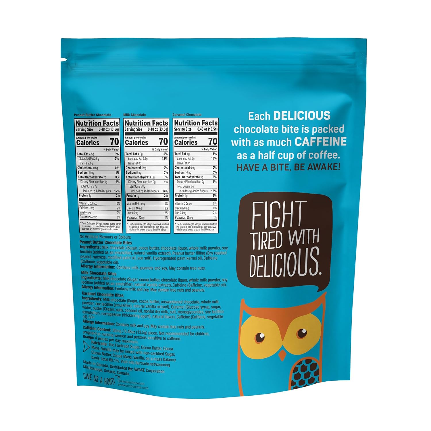 AWAKE - Caffeinated Chocolate Bites - 50mg Caffeine - Variety Pack (3 Flavors), 50 pieces - Peanut Butter, Milk, & Caramel - Energy Bites - Coffee Alternative - Fairtrade, Gluten Free, Non GMO - 0.48oz