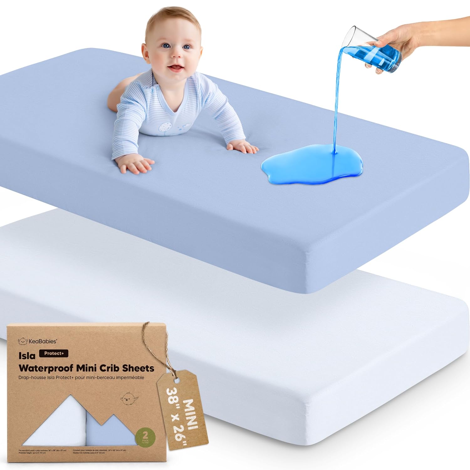 2-Pack Waterproof Pack and Play Sheets, Mini Crib Sheets Fitted (Blue Flax)