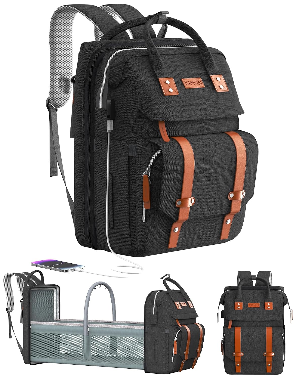 ISMGN Diaper Bag Backpack with Changing Station, Baby Bags for Boys, Black