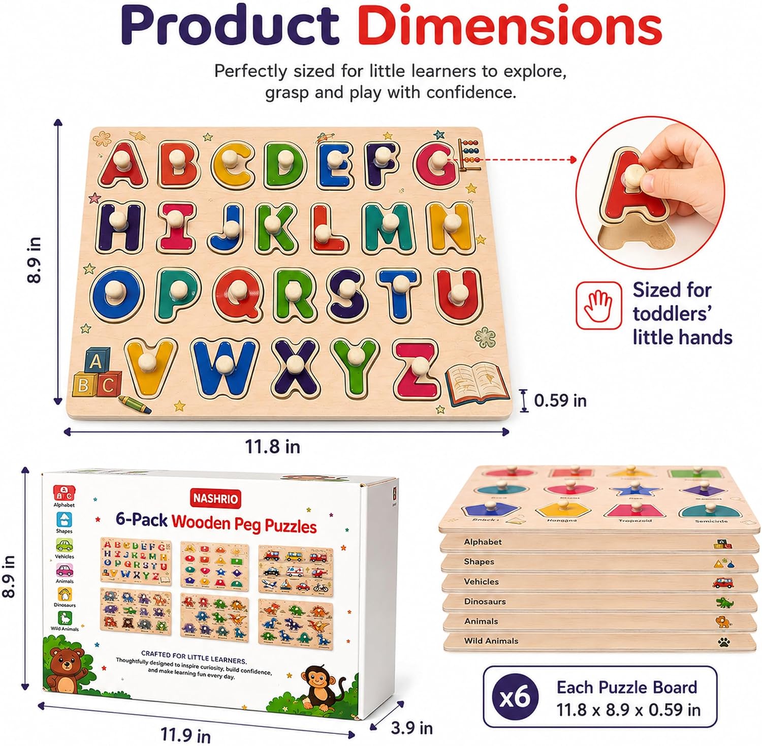 Wooden Peg Puzzles for Kids Ages 3-5, 6 Pack Large ABC Alphabet Number Shape Animal Dinosaur Vehicle Puzzle Set, Preschool Learning Toys, Montessori Educational Gifts for 3 4 5 Boys Girls