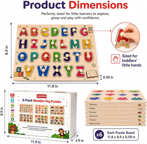 Wooden Peg Puzzles for Kids Ages 3-5, 6 Pack Large ABC Alphabet Number Shape Animal Dinosaur Vehicle Puzzle Set, Preschool Learning Toys, Montessori Educational Gifts for 3 4 5 Boys Girls