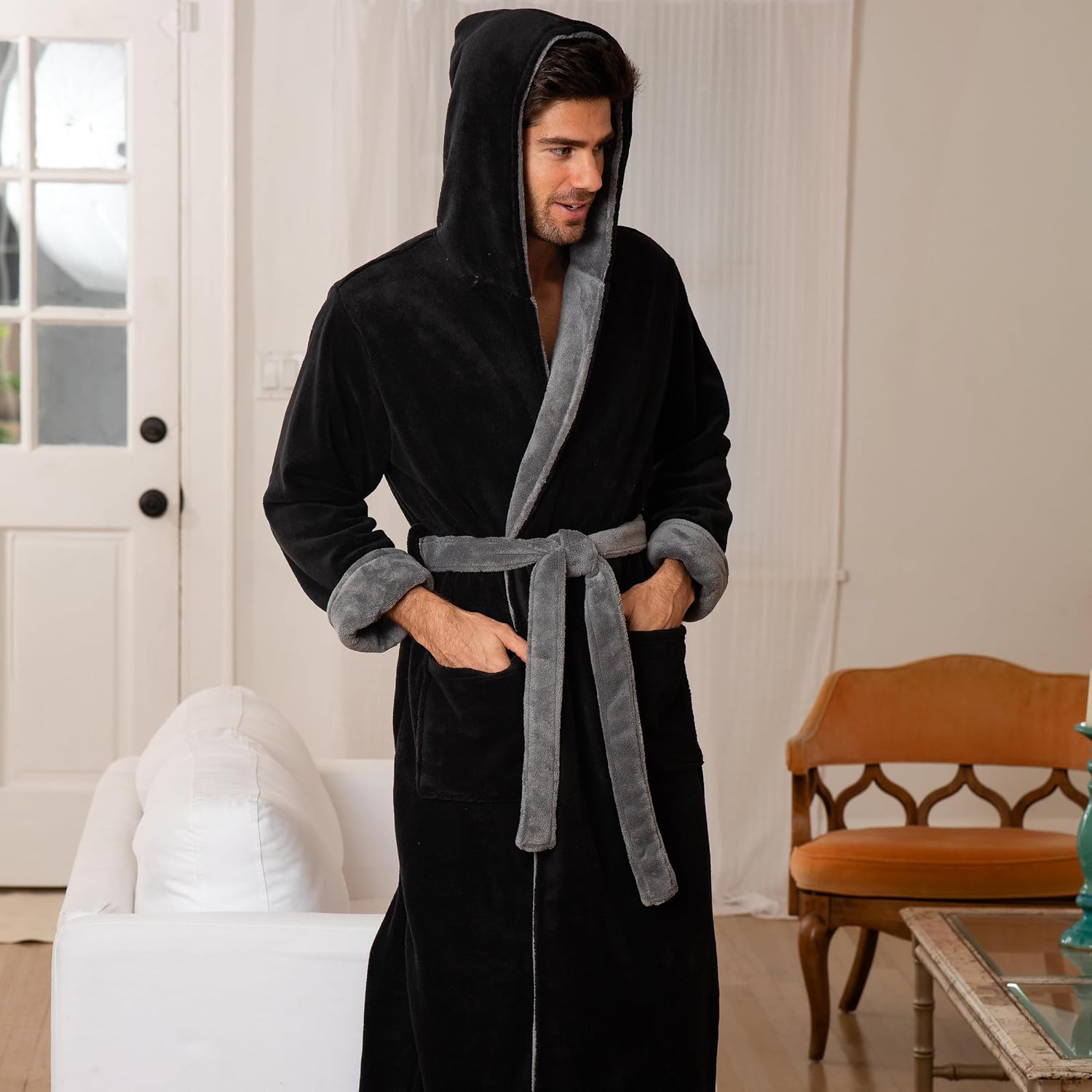 Men's Plush Fleece Hooded Robe with Pockets, Long Bathrobe