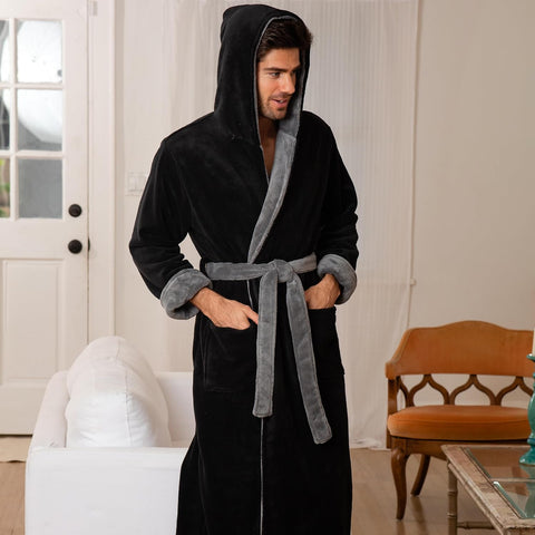 Men's Plush Fleece Hooded Robe with Pockets, Long Bathrobe