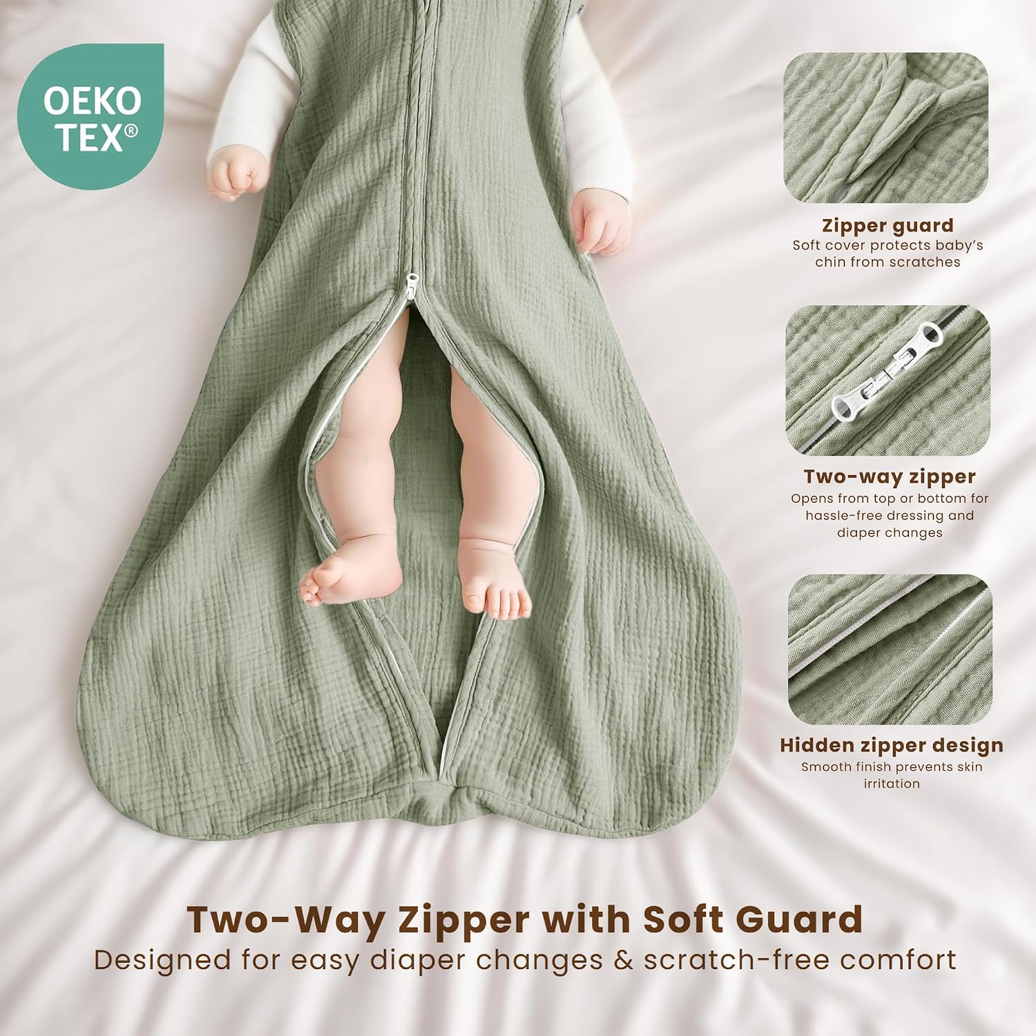 Konssy Muslin Baby Sleep Sack 6-12 Months, 0.8 TOG Baby Wearable Blanket