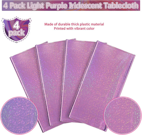 4 Pack Iridescent Light Purple Plastic Tablecloths Shiny Disposable Laser Rectangle Table Covers Holographic Foil Tablecloth Iridescent Kpop Birthday Bridal Wedding Party Decoration, 54 x 108 Inch