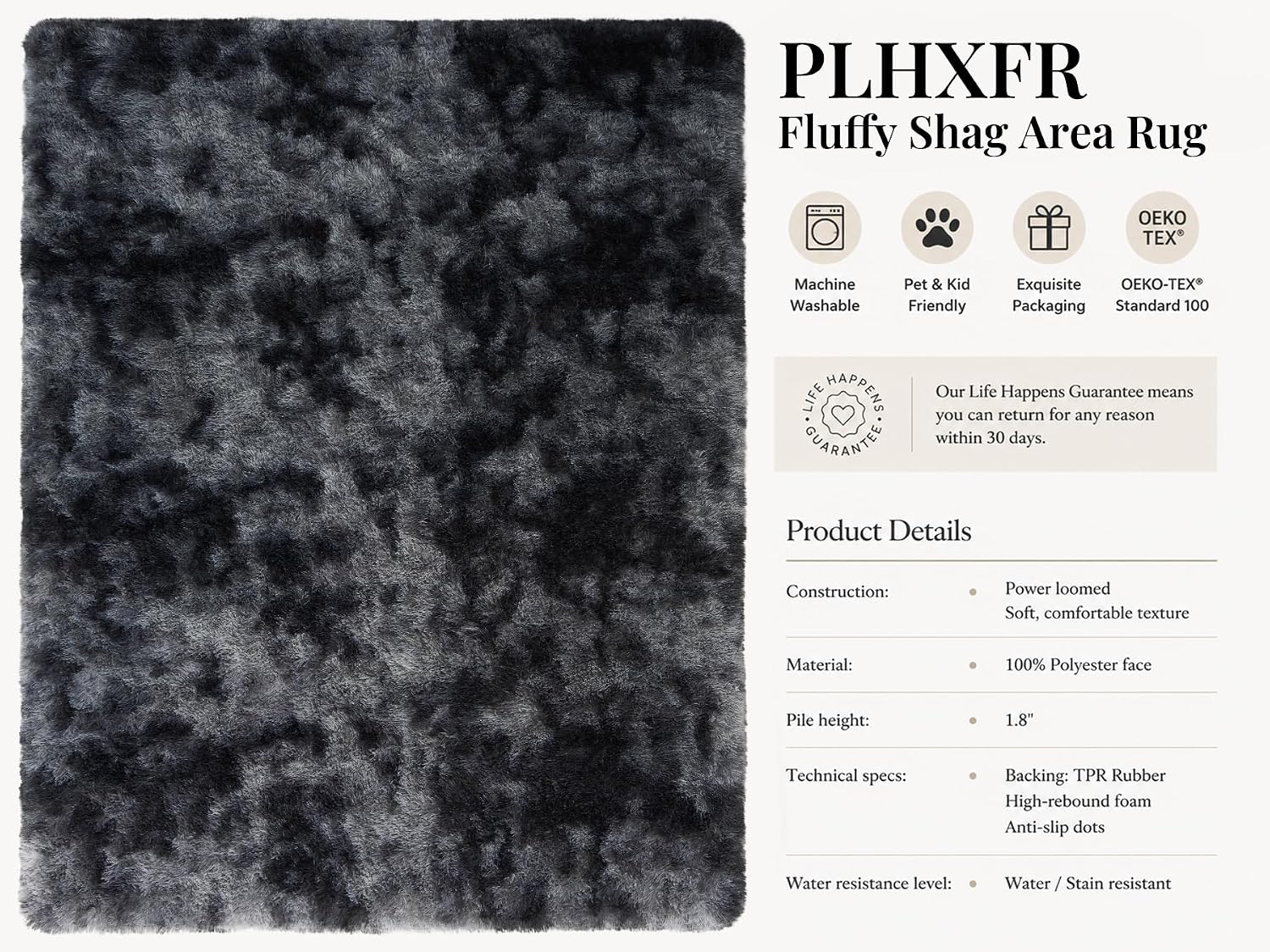 PLHXFR 4x6 Area Rugs Living Room: Fluffy Bedroom Soft Shag Rug Black Grey
