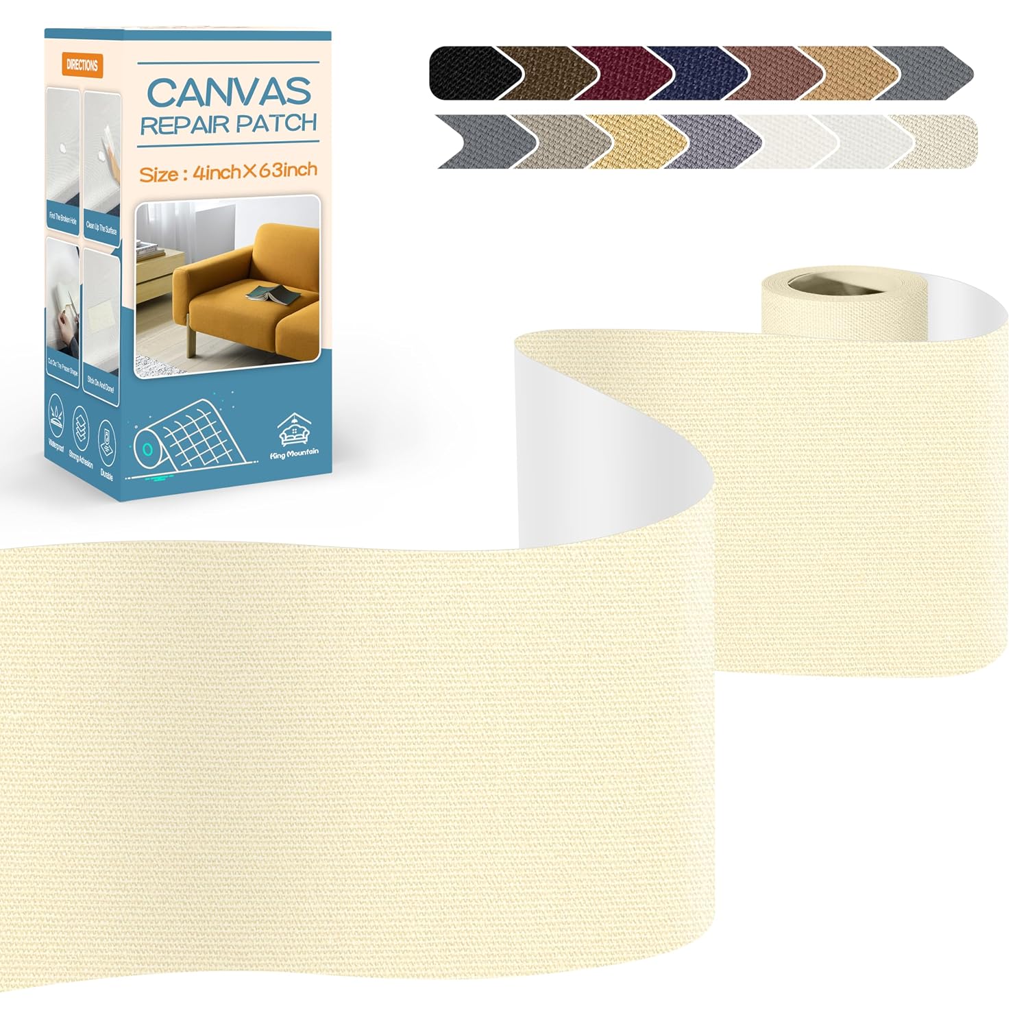 KING MOUNTAIN Canvas Repair Tape,Outdoor Gear Patch, 4×63 Inches,Waterproof,Self-Adhesive for Repairing Boat Covers,Sun Shades,Sofas,Tents,Lounge Chairs,Awnings (Beige1.0)