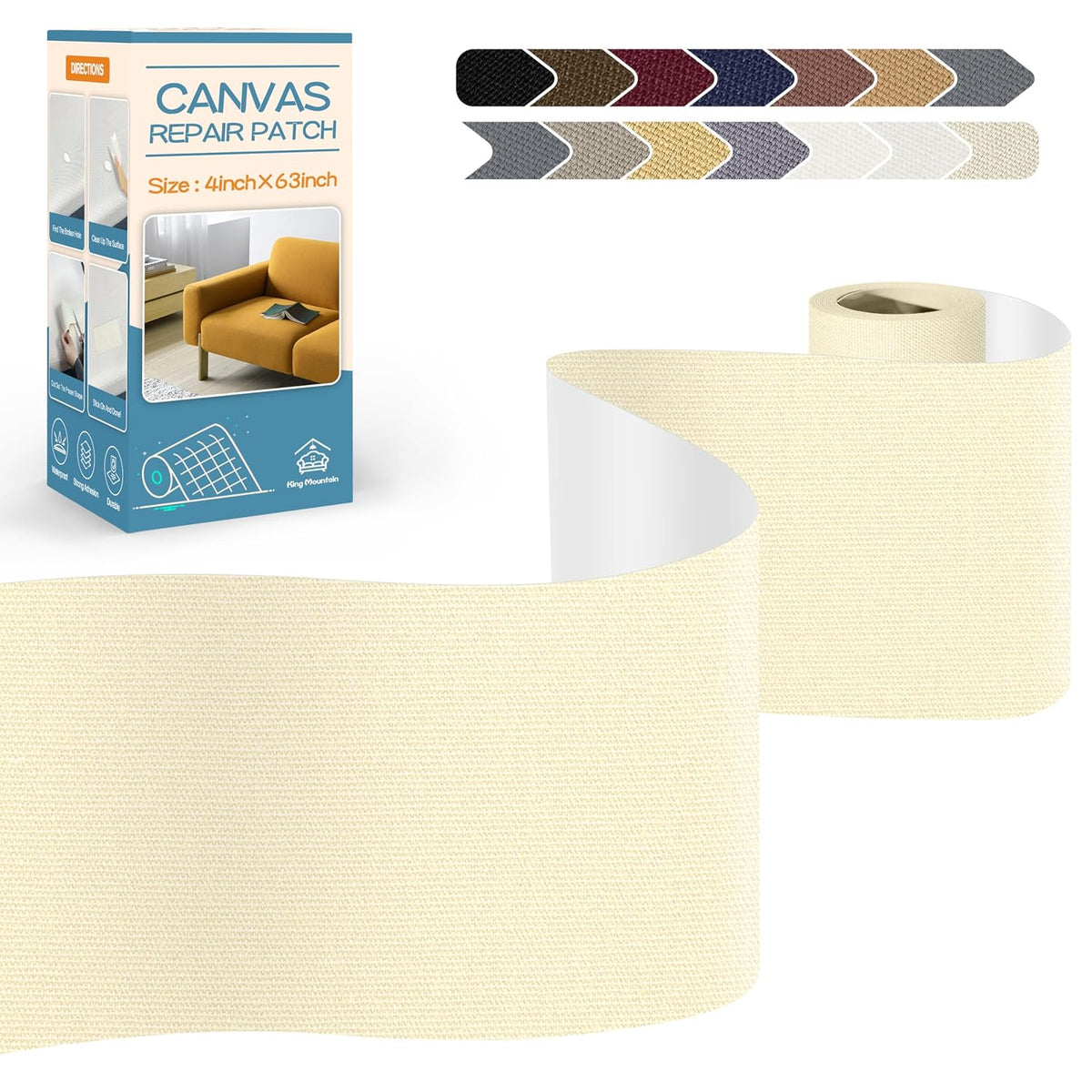 KING MOUNTAIN Canvas Repair Tape,Outdoor Gear Patch, 4×63 Inches,Waterproof,Self-Adhesive for Repairing Boat Covers,Sun Shades,Sofas,Tents,Lounge Chairs,Awnings (Beige1.0)