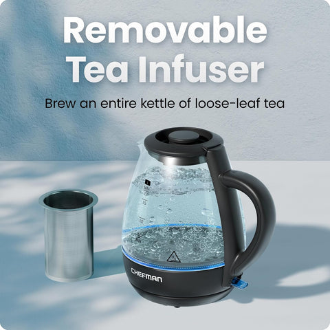 Chefman Electric Kettle with Tea Infuser, 1.7L 1500W, Removable Lid for Easy Cleaning, Boil-Dry Protection, Stainless Steel Filter, BPA Free, Auto Shut Off Hot Water Boiler, Glass Electric Tea Kettle