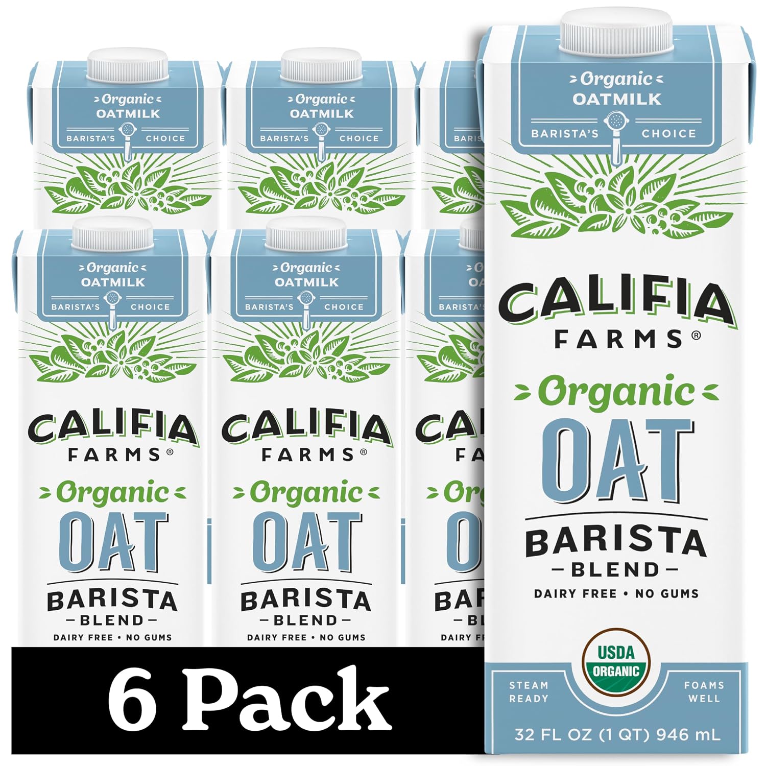Califia Farms - Organic Oat Barista Blend, 32 oz (Pack of 6), Shelf Stable, Dairy Free, Plant Based, Vegan, Non GMO, Organic Milk, Creamer, Milk Frother, Oatmilk