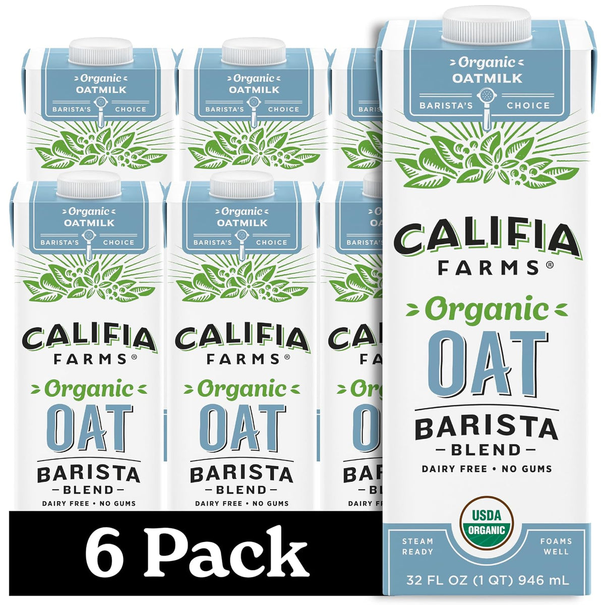 Califia Farms - Organic Oat Barista Blend, 32 oz (Pack of 6), Shelf Stable, Dairy Free, Plant Based, Vegan, Non GMO, Organic Milk, Creamer, Milk Frother, Oatmilk