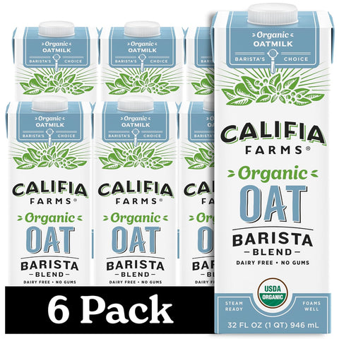 Califia Farms - Organic Oat Barista Blend, 32 oz (Pack of 6), Shelf Stable, Dairy Free, Plant Based, Vegan, Non GMO, Organic Milk, Creamer, Milk Frother, Oatmilk
