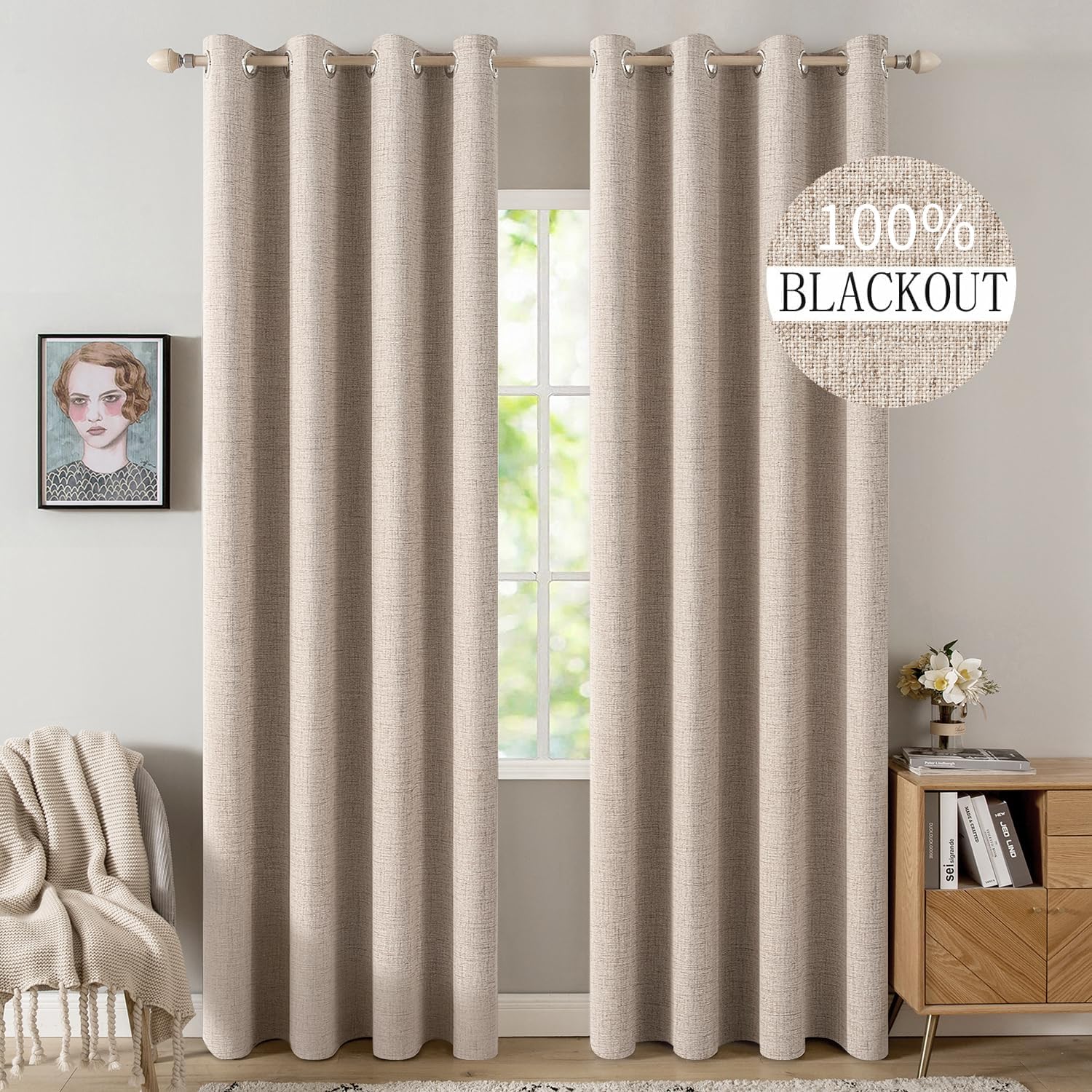 MIULEE 100% Blackout Linen Curtains for Bedroom 52x84 Inches Natural Beige