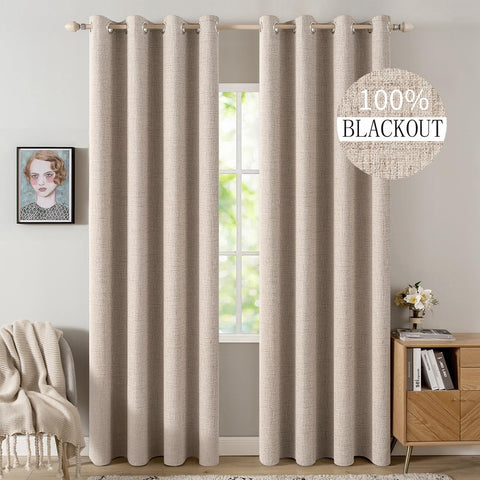 MIULEE 100% Blackout Linen Curtains for Bedroom 52x84 Inches Natural Beige