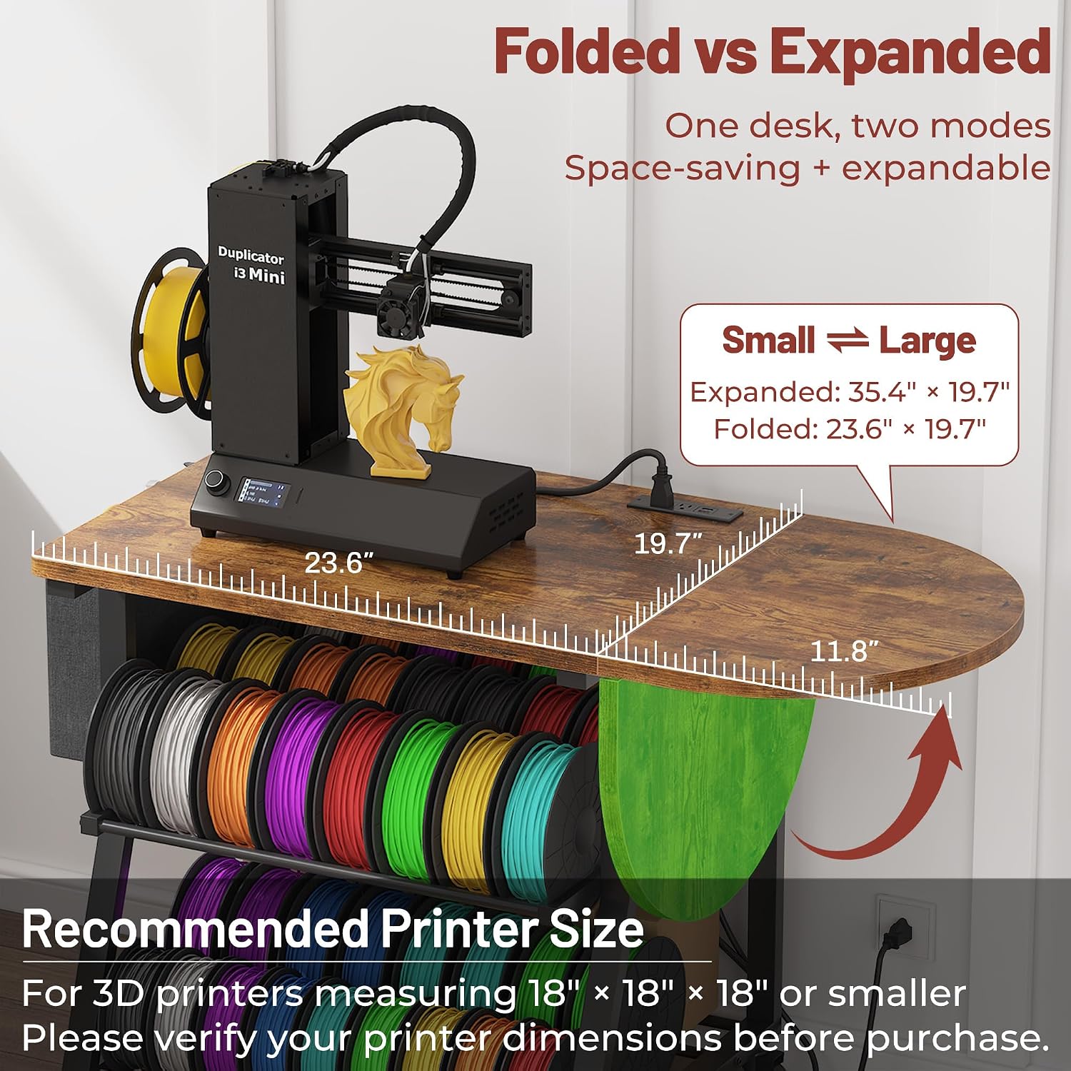 3D Printer Stand with Foldable Desktop & Fabric Drawer – Compact Rolling 3-Tier 3D Printer Table with Power Outlet & X-Bracket Stability for Small Spaces, Home, Workshop