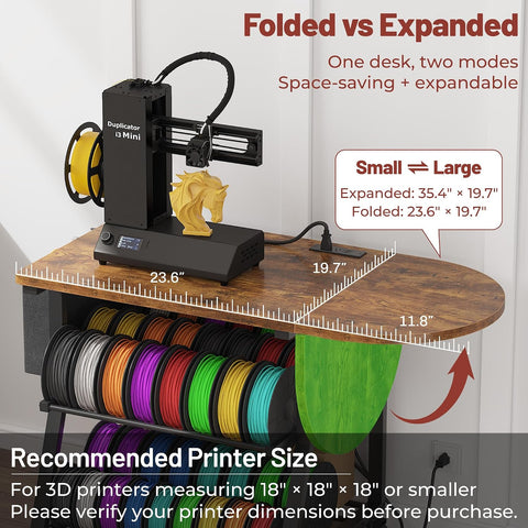 3D Printer Stand with Foldable Desktop & Fabric Drawer – Compact Rolling 3-Tier 3D Printer Table with Power Outlet & X-Bracket Stability for Small Spaces, Home, Workshop