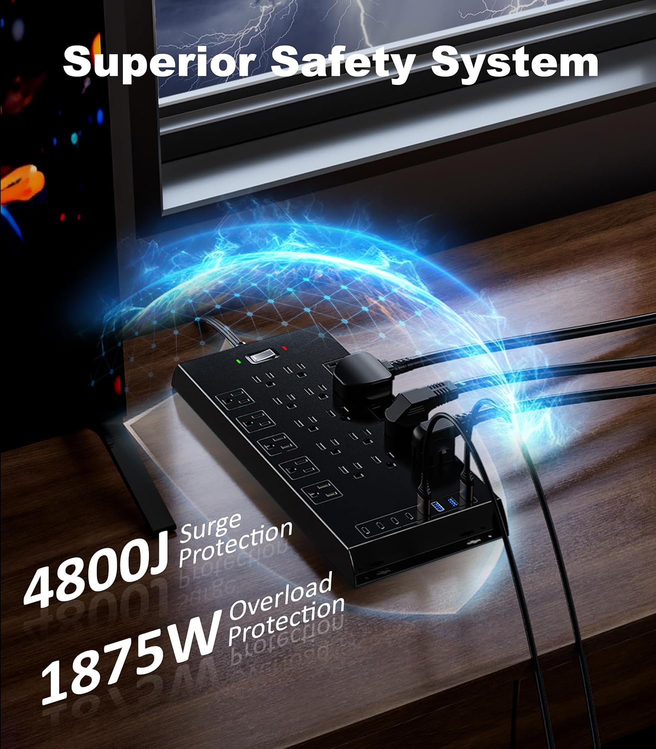 Surge Protector Power Strip 4800J, LeZone 10Ft Long Extension Cord Flat Plug, 20 Outlets 4 USB-A 4 USB-C Ports, Wall Mountable, Home Office Dorm Essentials, Black