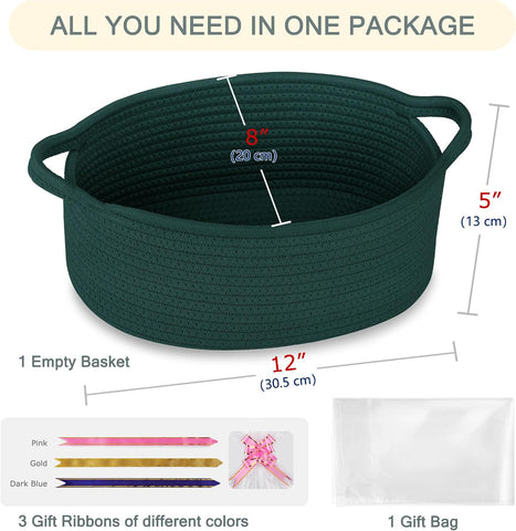 COMSE Empty Small Gift Basket with Bag & Ribbons, Dark Green