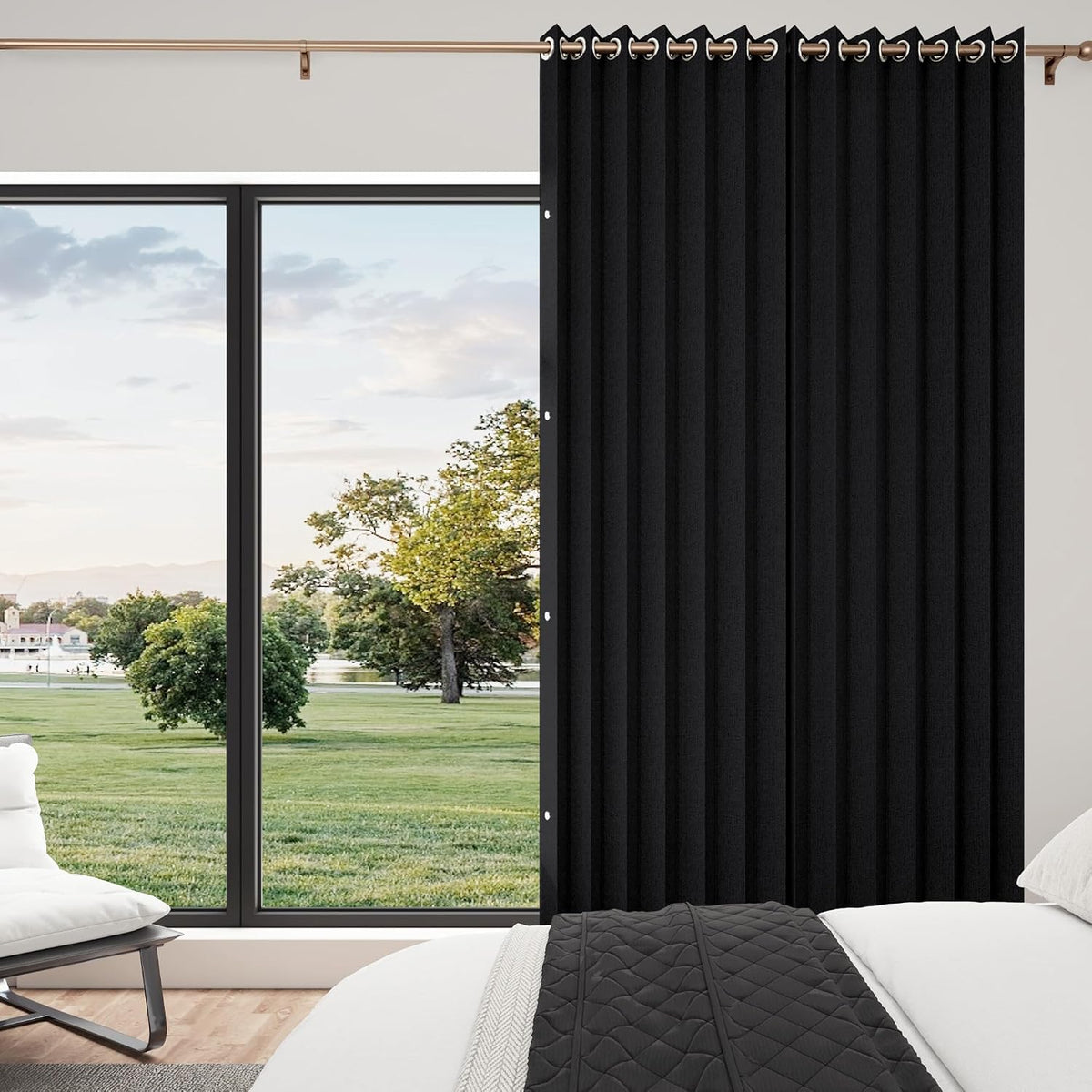 100% Blackout Memory Trained Pleated Curtains with Magnetic Closure, Pinch Pleat Window Curtain for Bedroom Living Room Window Treatment, 1 Panel, W45 x L84, Black