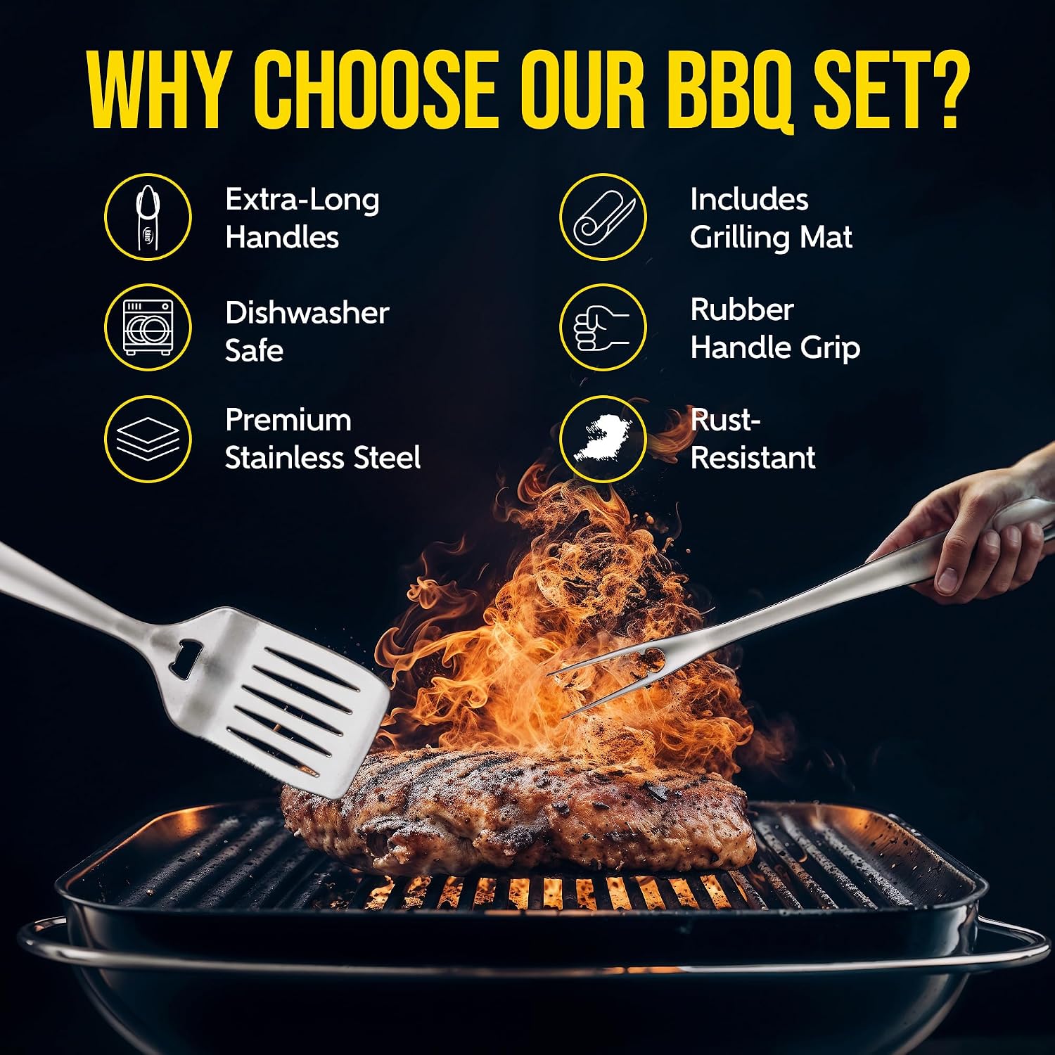 Kaluns BBQ Grilling Accessories, Grilling Gifts for Men Dad, Grill Tools for Outdoor Grill, Heavy Duty Stainless Steel Grill Set with Spatula, Tongs, Fork, Brush, & Grilling Mat, Best BBQ Gifts