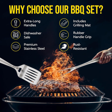 Kaluns BBQ Grilling Accessories, Grilling Gifts for Men Dad, Grill Tools for Outdoor Grill, Heavy Duty Stainless Steel Grill Set with Spatula, Tongs, Fork, Brush, & Grilling Mat, Best BBQ Gifts