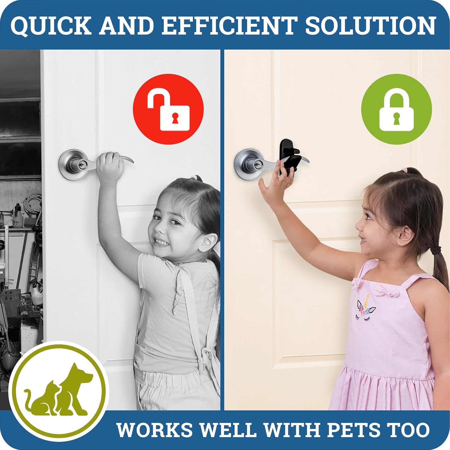 Door Lever Lock (2 Pack) Prevents Toddlers from Opening Doors. 3.25" L * 1.5" W * 4.5" H Easy One Hand Operation for Adults. Durable ABS with 3M Adhesive Backing. Simple Install, Black