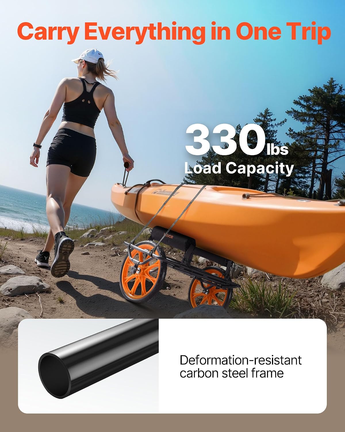VEVOR 300lbs Kayak Cart, All-Terrain Super Duty Trolley Cart, Canoe Cart Dolly with 15-inch No-Flat Solid Rubber Tires and Kickstand, Quickly Assembles & Disassembles, for Kayaks, Canoes, Paddleboards