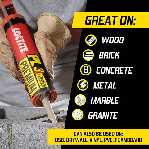 Loctite PL Premium Polyurethane Construction Adhesive, 10 fl oz Cartridge, 1 Pack - Versatile Construction Glue for Wood, Concrete, Stone, Metal & More