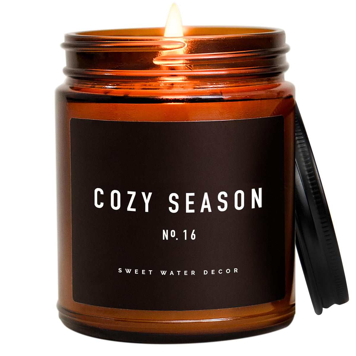 Sweet Water Decor Cozy Season Soy Candles - Fall Candles with Woods, Warm Spice, and Citrus Scent for Home Decor - Soy Candle with 40 Hours Burn Time - 9Oz Black Lid Amber Jar Candles Fall Scents