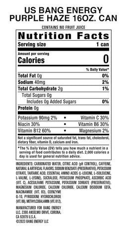 Bang Energy Purple Haze, Sugar-Free Energy Drink, 16-Ounce | Pack of 12