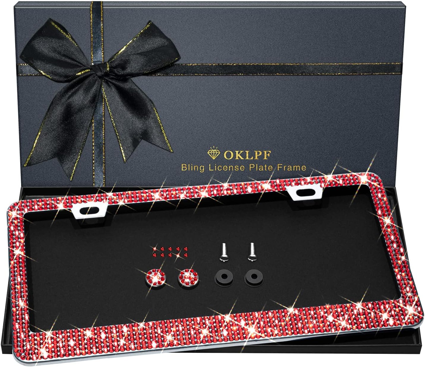 Bling License Plate Frame for Women, 1PCS Sparkly License Plate Frames| Over 1200 pcs 14 Facets Bedazzled Clear Glass Diamond Rhinestone Crystals w/Free Glitter Diamond Box (Red)