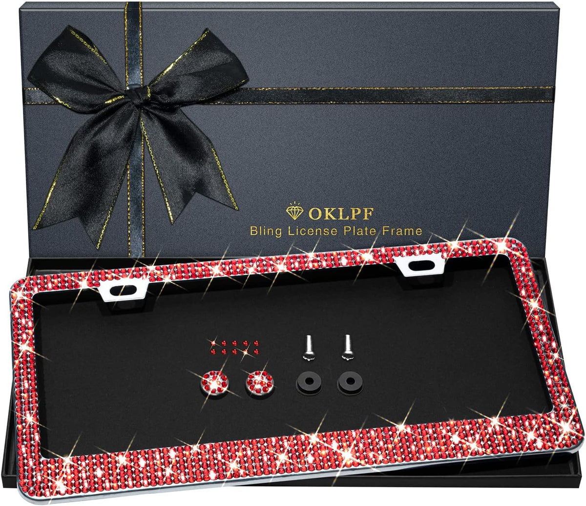 Bling License Plate Frame for Women, 1PCS Sparkly License Plate Frames| Over 1200 pcs 14 Facets Bedazzled Clear Glass Diamond Rhinestone Crystals w/Free Glitter Diamond Box (Red)
