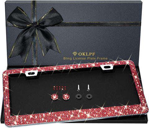 Bling License Plate Frame for Women, 1PCS Sparkly License Plate Frames| Over 1200 pcs 14 Facets Bedazzled Clear Glass Diamond Rhinestone Crystals w/Free Glitter Diamond Box (Red)