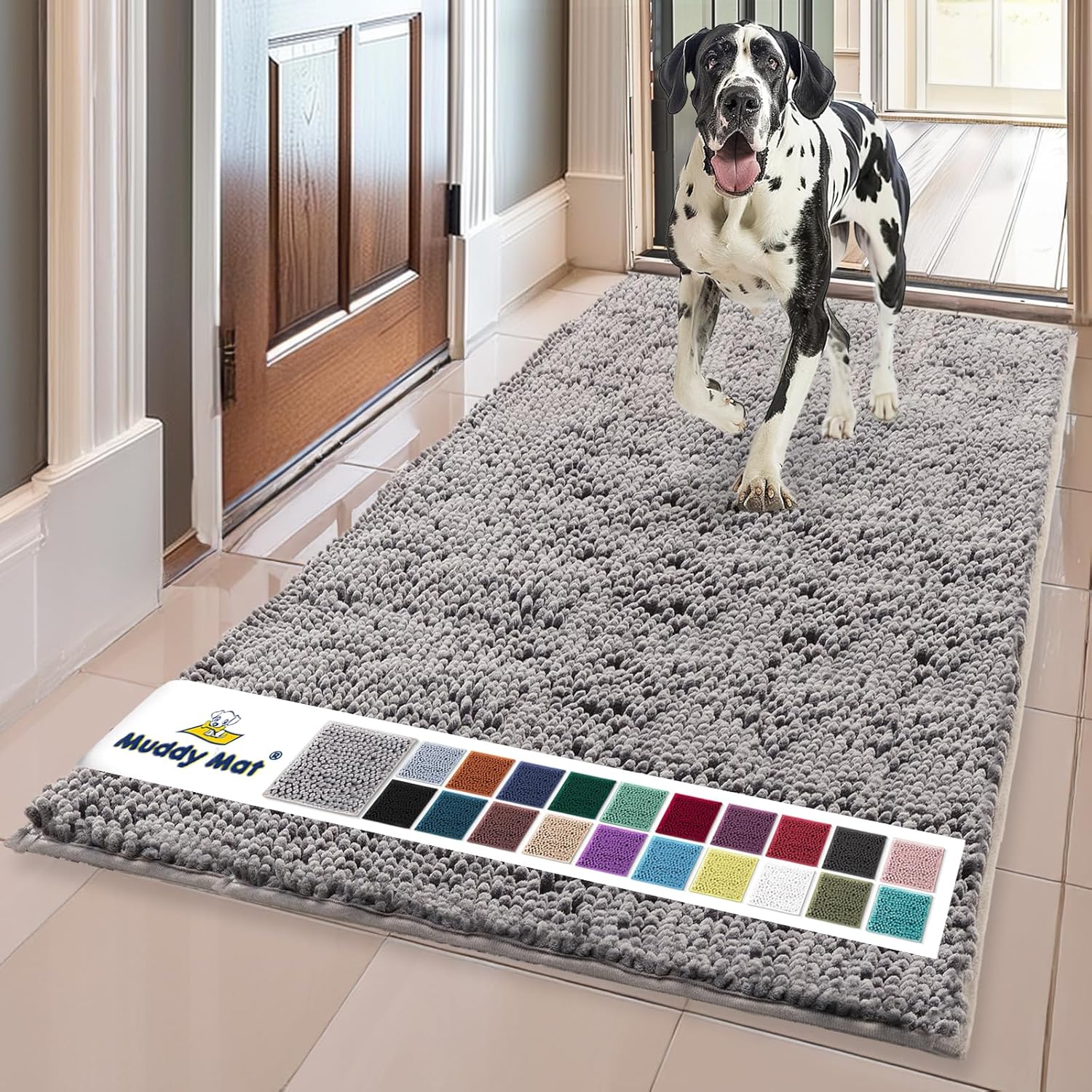 Muddy Mat® | Super Water Absorbent Door Mat Indoor, Microfiber Quick Dry Chenille Entryway Rug, Slip Resistant Front Door Mat, Indoor Mats for Entryway, Machine Washable Pet Rug, Grey 60"x24"