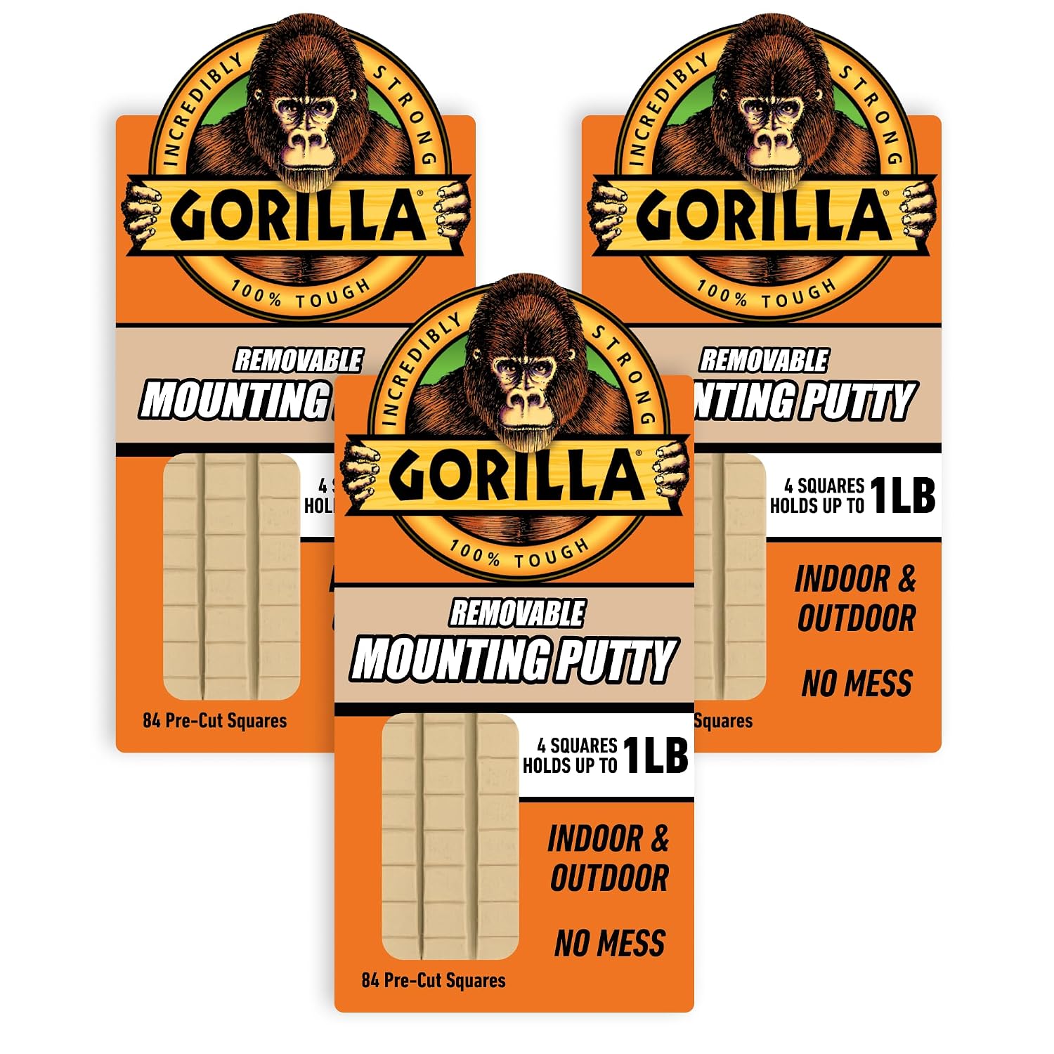 Gorilla Removable Mounting Putty Reusable & Repositionable Adhesive 84 Count Pre-Cut Squares (Pack of 3) Holds 2 lbs Back to School Supplies for Teachers Students Parents, Indoor Outdoor