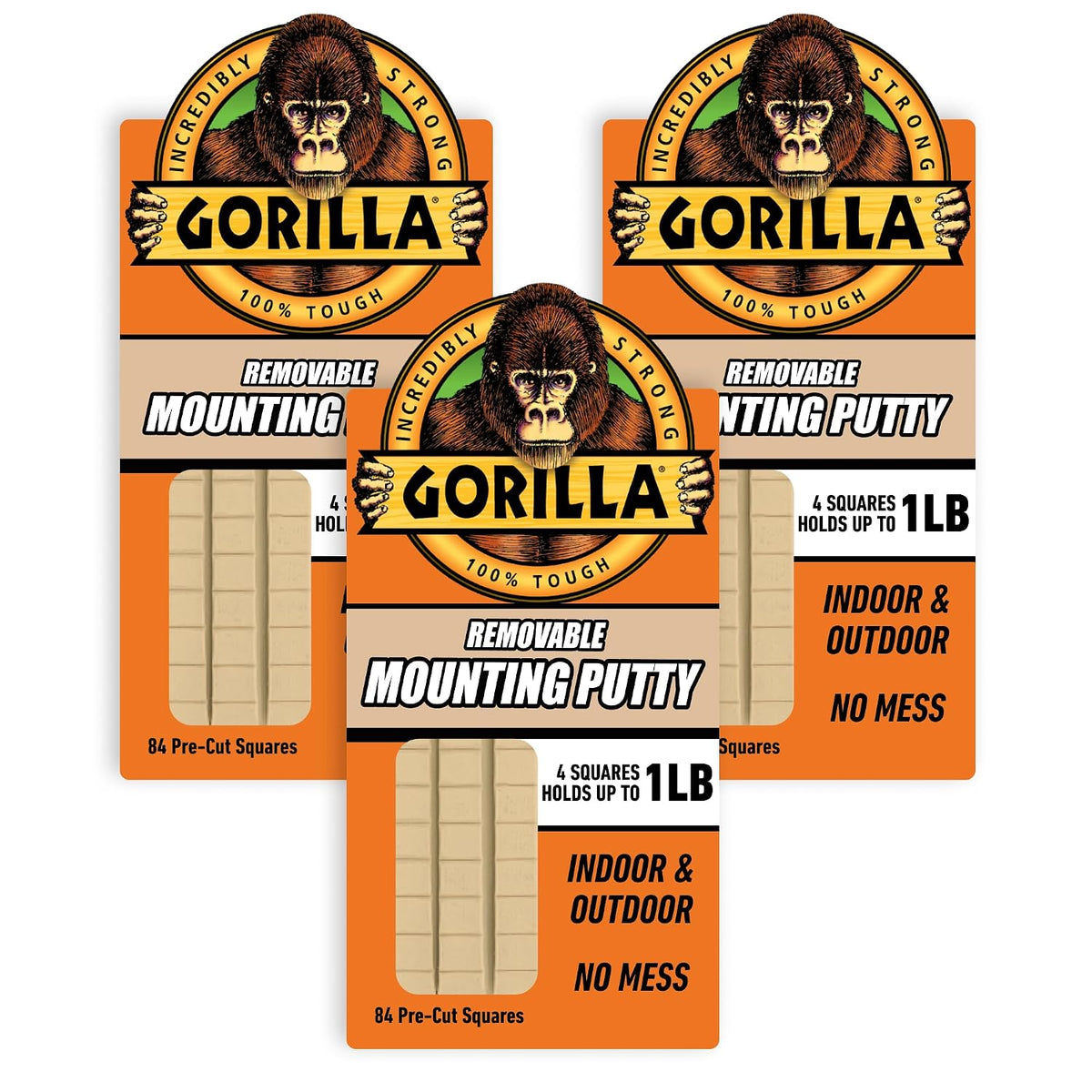 Gorilla Removable Mounting Putty Reusable & Repositionable Adhesive 84 Count Pre-Cut Squares (Pack of 3) Holds 2 lbs Back to School Supplies for Teachers Students Parents, Indoor Outdoor