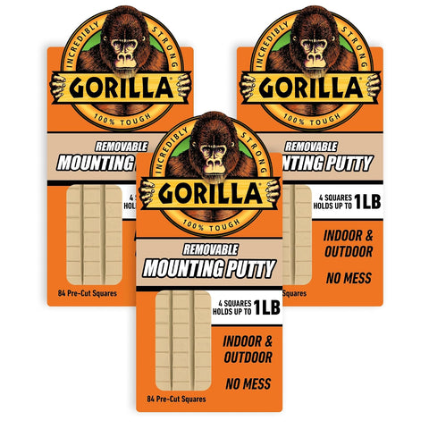Gorilla Removable Mounting Putty Reusable & Repositionable Adhesive 84 Count Pre-Cut Squares (Pack of 3) Holds 2 lbs Back to School Supplies for Teachers Students Parents, Indoor Outdoor
