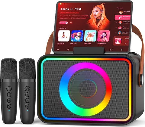 Karaoke Machine for Kids Adults,Portable Bluetooth Speaker with 2 Wireless Microphone with LED Lights, Karaoke Microphone with PA System Supports USB/TF/AUX,Gift for Party (Black)