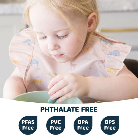 Tiny Twinkle Mess-Proof Baby Bibs for Eating | Waterproof, Wipeable Toddler Bibs with Catch-All Pocket | Feeding Bibs for Girls & Boys(3 Pack,Petite Safari)