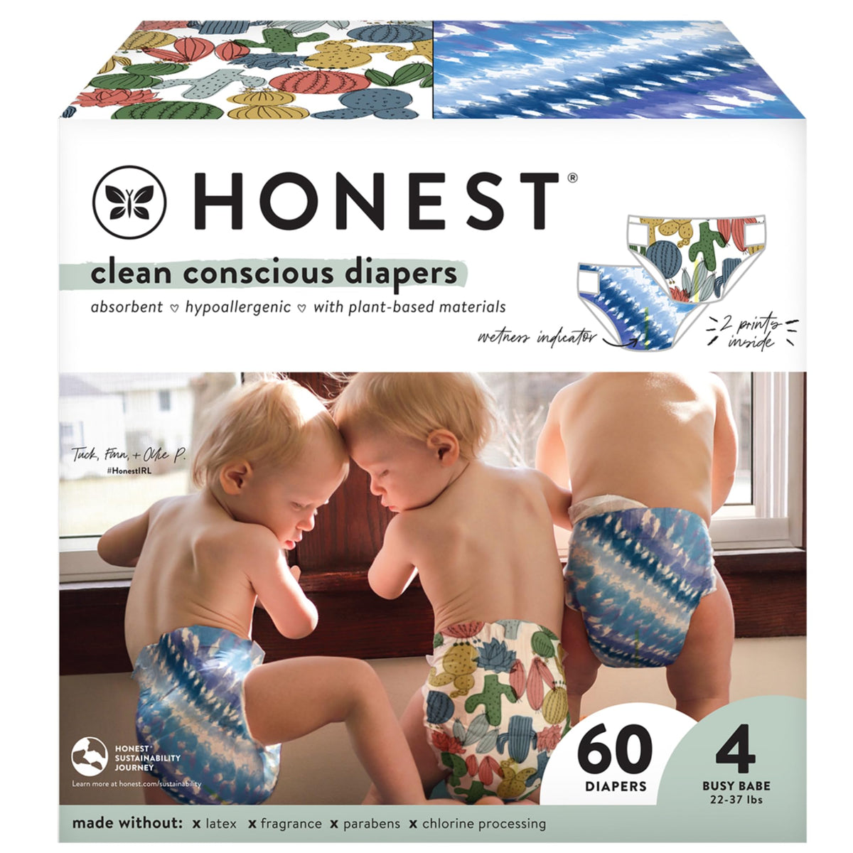 The Honest Company Clean Conscious Diapers | Plant-Based, Sustainable | Tie-Dye For + Cactus Cuties | Club Box, Size 4 (22-37 lbs), 60 Count