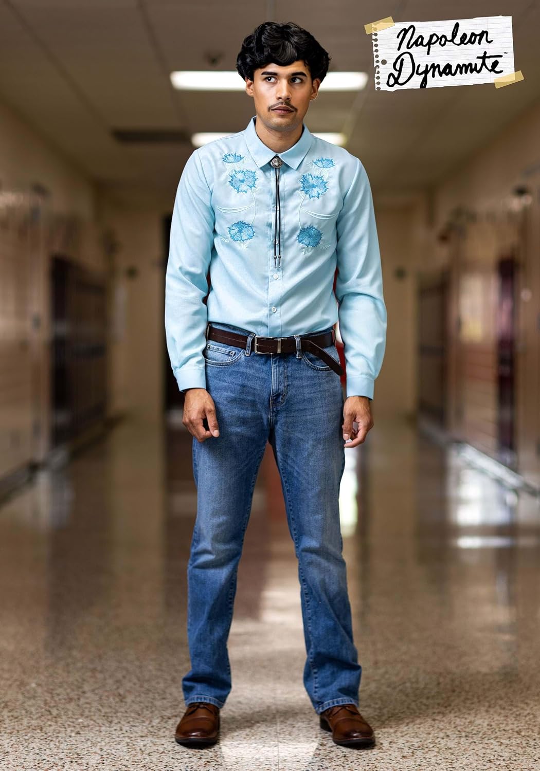 Men's Napoleon Dynamite Pedro Sanchez Halloween Costume | Adult Movie Character Outfit with Blue Shirt, Bolo Tie and Wig