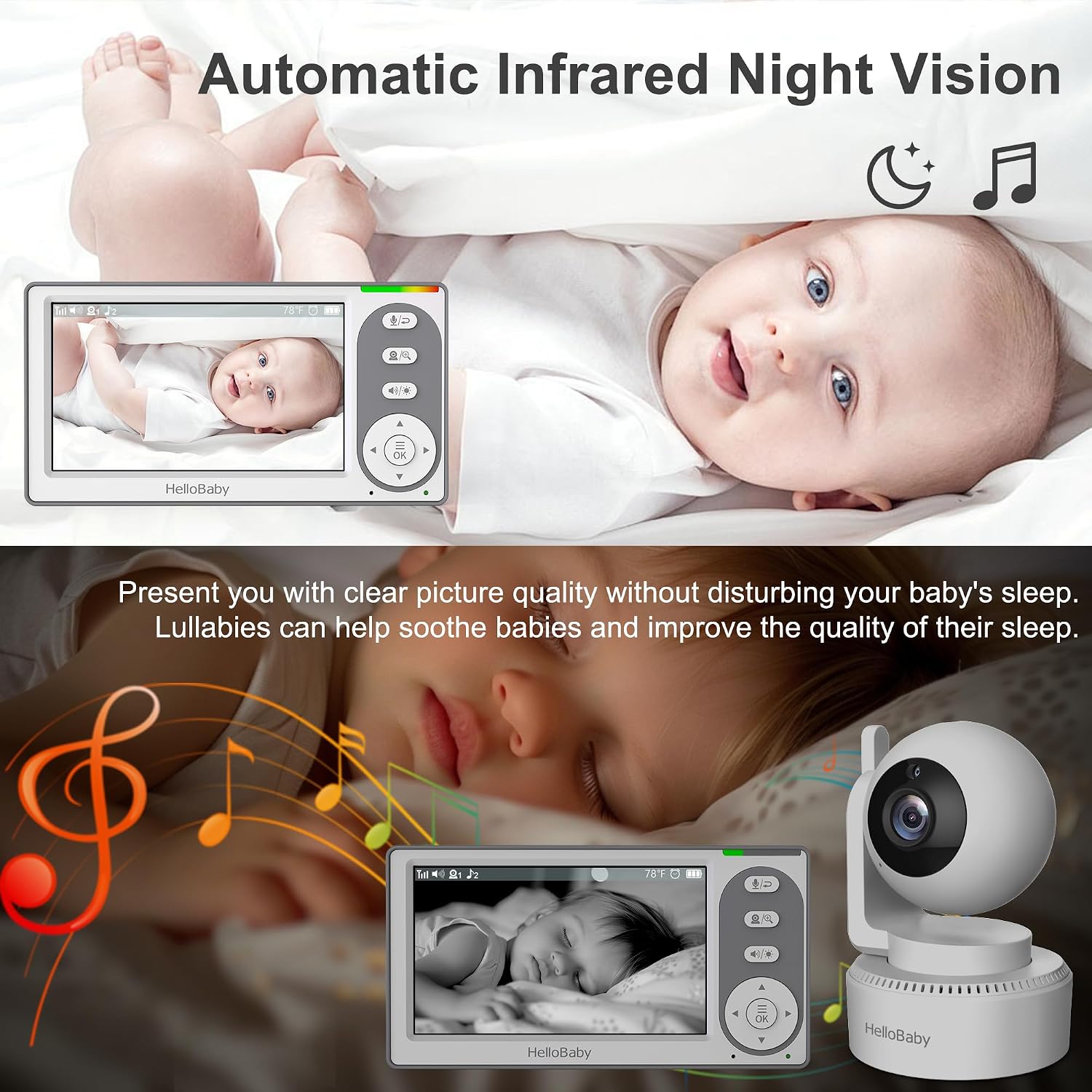 HelloBaby 4.3'' Video Baby Monitor No WiFi, 30 Hours Battery