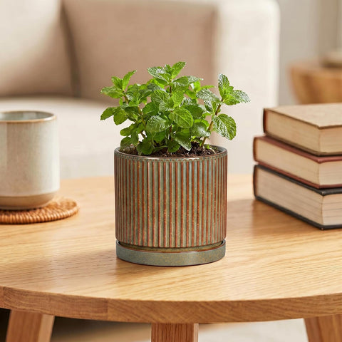 4 Inch Pots for Plants, Ceramic Plant Pots with Saucer, Retro Brown